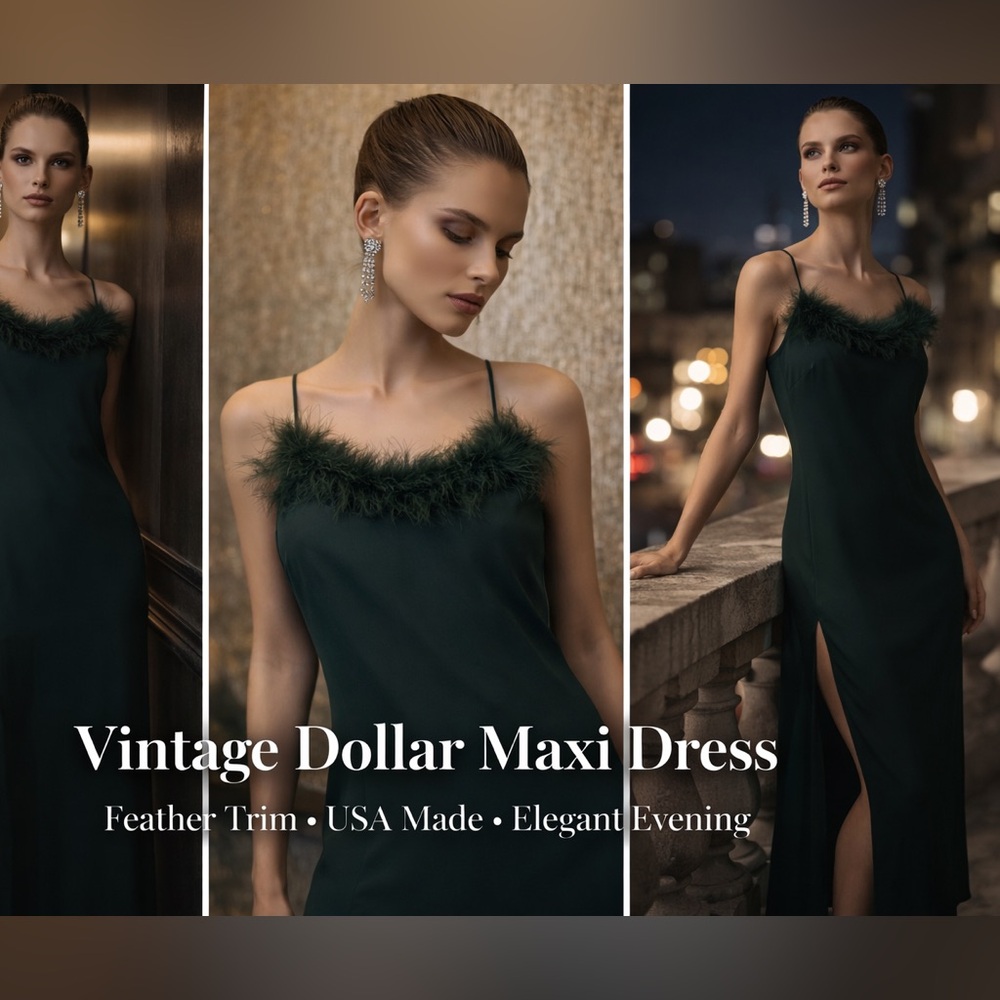Vintage Dollar Green Feather Trim Maxi Dress Slit Elegant Small